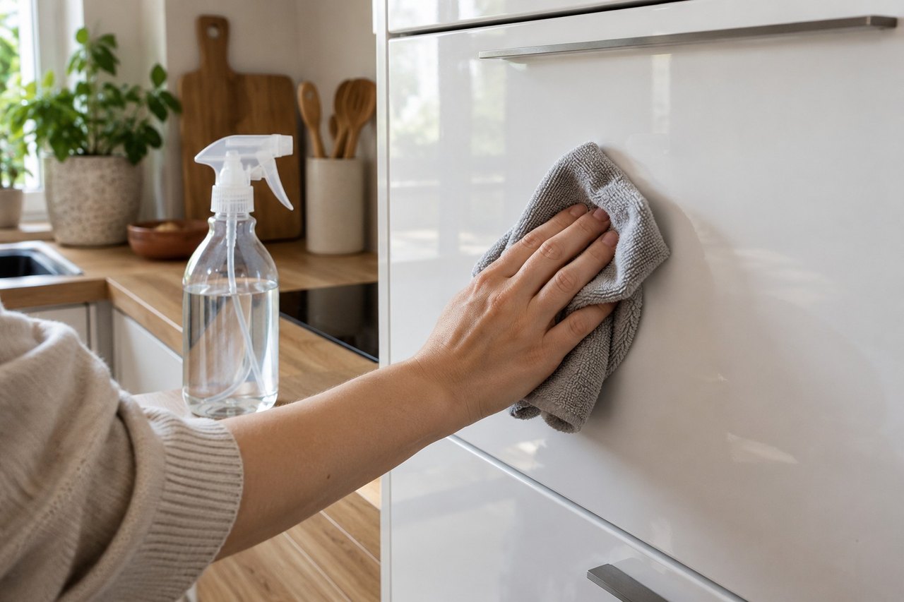 Czyszczenie laminowanego frontu ściereczką z mikrofibry – zdjęcie poglądowe