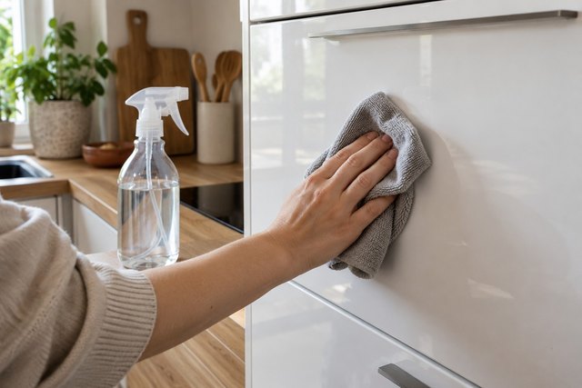 Czyszczenie laminowanego frontu ściereczką z mikrofibry – zdjęcie poglądowe