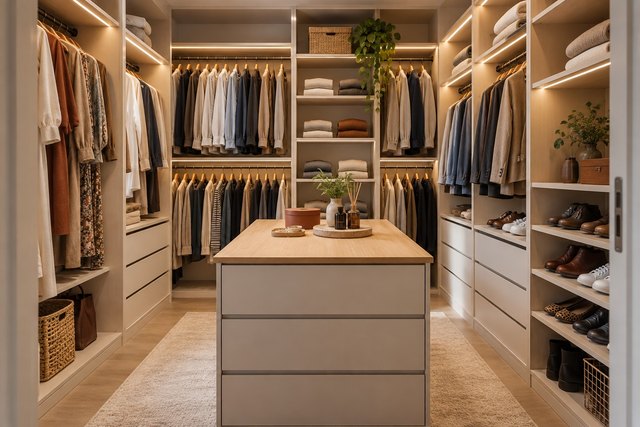 Garderoba walk-in w kształcie litery U z wyspą – zdjęcie poglądowe