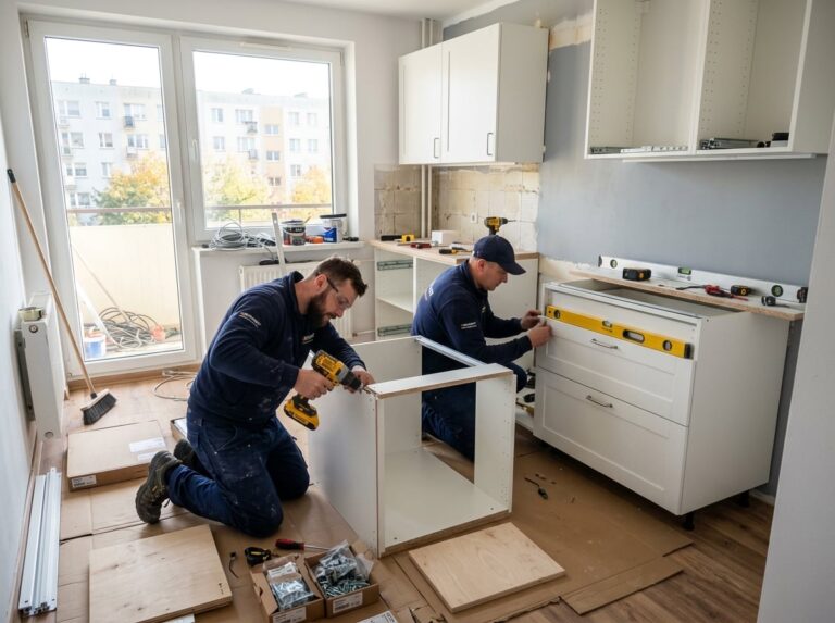 Dwóch monterów z firmy Kochanski montują szafki kuchenne z Ikea
