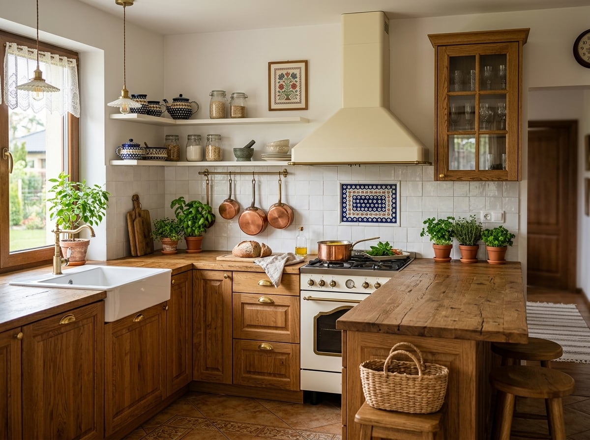 Drewniana kuchnia rustykalna z ceramicznym zlewem i drewnianym blatem