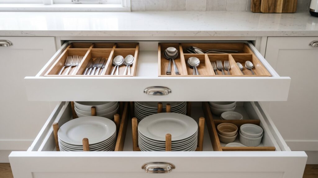 Szuflady organizery zaprojektowane pasujace do małych kuchni